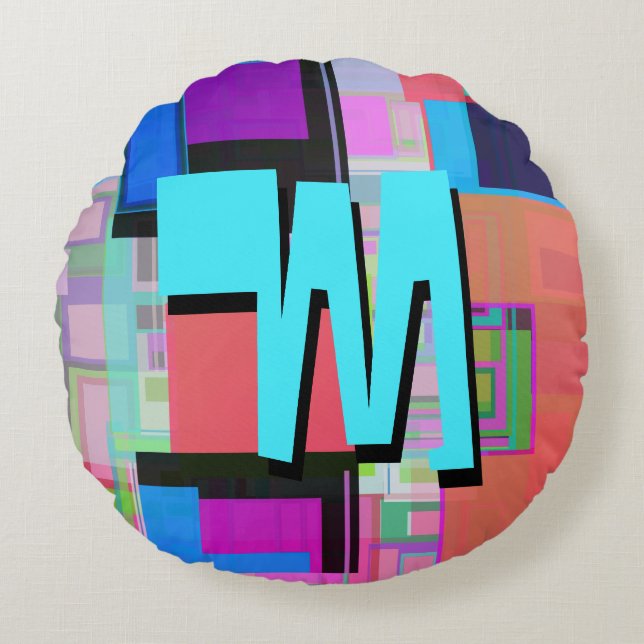 inspirierte Farbgeometrische Monogramm der 90er Ja Rundes Kissen (Vorderseite)