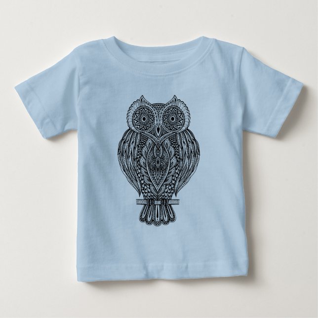 Inspirierte Hand gezeichnete verzierte Eule Baby T-shirt (Vorderseite)