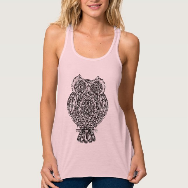 Inspirierte Hand gezeichnete verzierte Eule Tank Top (Vorderseite)