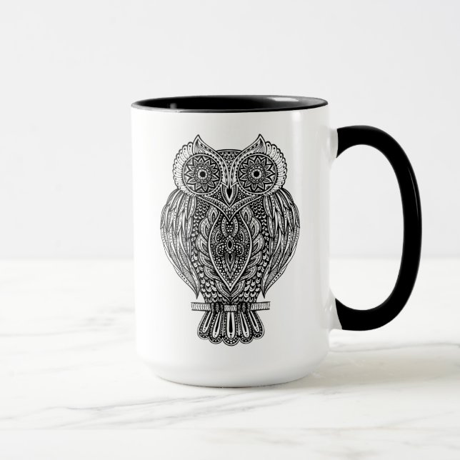 Inspirierte Hand gezeichnete verzierte Eule Tasse (Rechts)