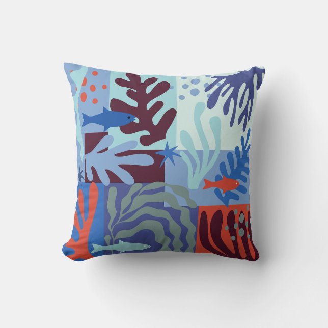 Inspirierte Ocean Life Paper Cutouts Blau Kissen (Vorderseite)
