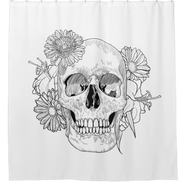 Inspirierter Schädel und Blumen Duschvorhang (Vorderseite)