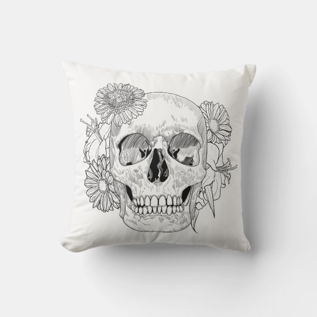 Inspirierter Schädel und Blumen Kissen (Vorderseite)
