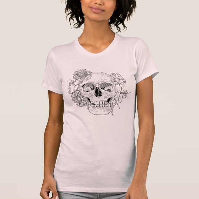 Inspirierter Schädel und Blumen T-Shirt (Vorderseite)