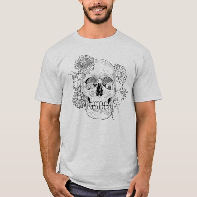 Inspirierter Schädel und Blumen T-Shirt (Vorderseite)