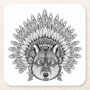 Inspirierter Wolf in gefiederter Kriegs-Haube Rechteckiger Pappuntersetzer