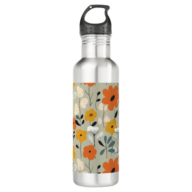 Inspiriertes Blumenmuster Mitte des Jahrhunderts Edelstahlflasche (Vorderseite)