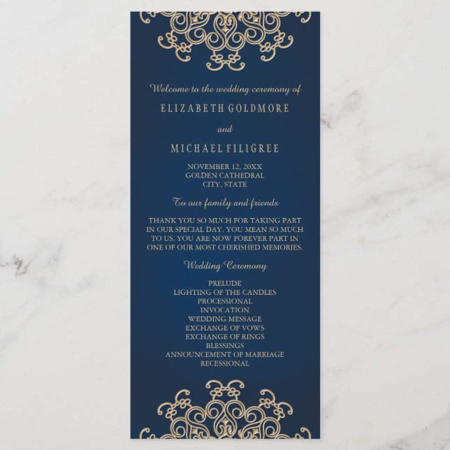 Inspiriertes Hochzeitsprogramm für Navy und Gold Programm (Vorderseite)