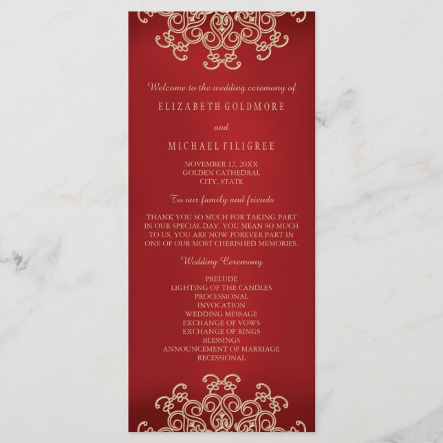 Inspiriertes Hochzeitsprogramm für Rot und Gold Programm (Vorderseite)