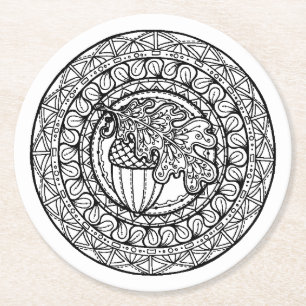 Inspiriertes Mandala-Herbst-Eichen-Blatt Runder Pappuntersetzer