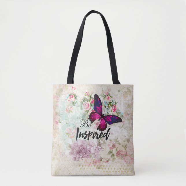Inspiriertes Zitat & Rosa Schmetterling Shabby Col Tasche (Vorderseite)