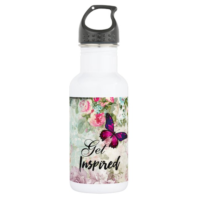 Inspiriertes Zitat und rosa Schmetterling - Kollag Edelstahlflasche (Vorderseite)