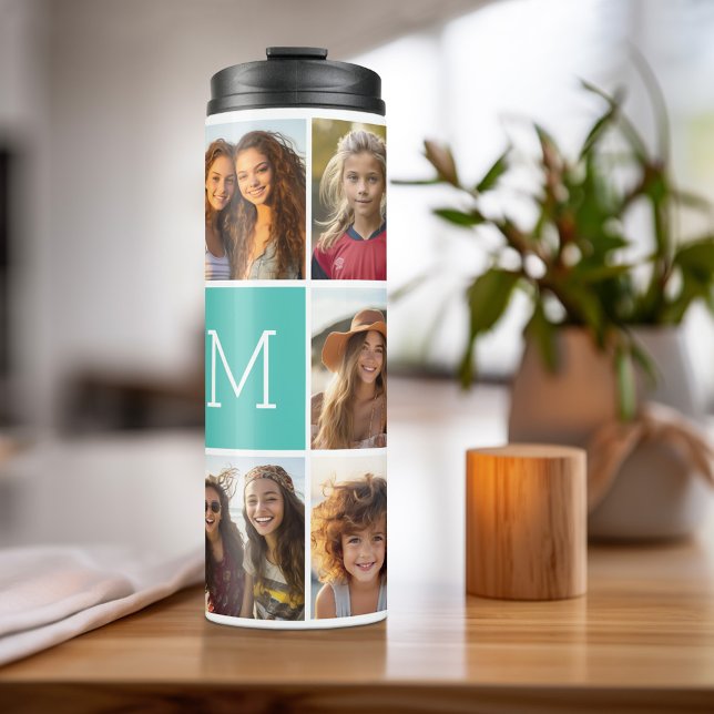 Instagram 11 FotoCollage Custom Monogram Blue Thermosbecher (Personalized bottle with photos and text)