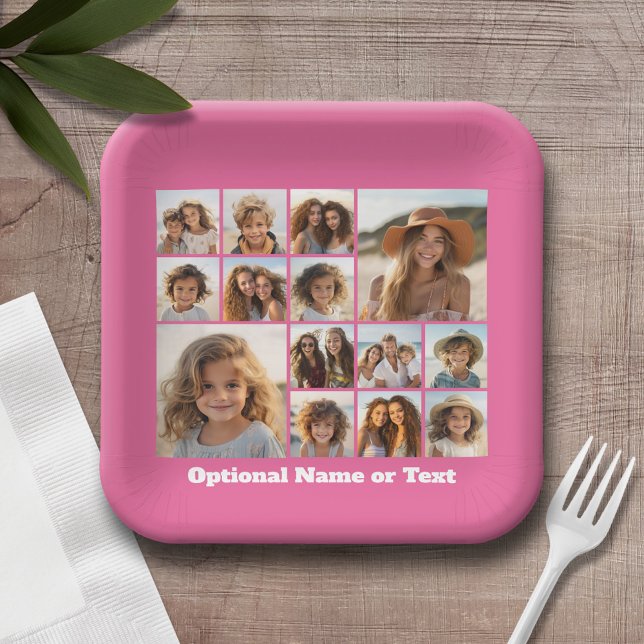 Instagram-FotoCollage - Bis zu 14 Fotos rosa Pappteller (Personalized party plates with a photo collage and text)