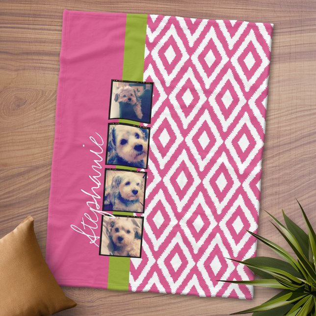 Instagram FotoCollage mit Ikat heißen rosa Namen Fleecedecke (Personalized Fleece Blanket - Add Photos and Text)