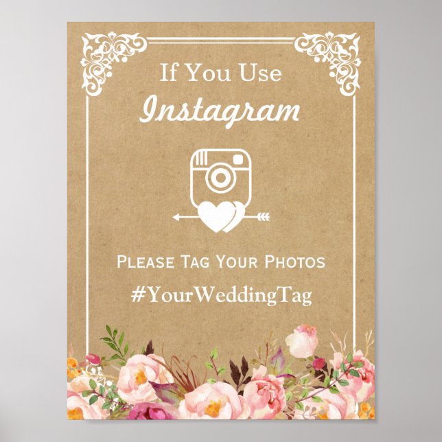 Instagram Hashtag Wedding Sign | Floral Kraft Poster (Vorne)