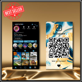 Instagram LUXURY Blue & Gold Black Marble Agate QR Visitenkarte