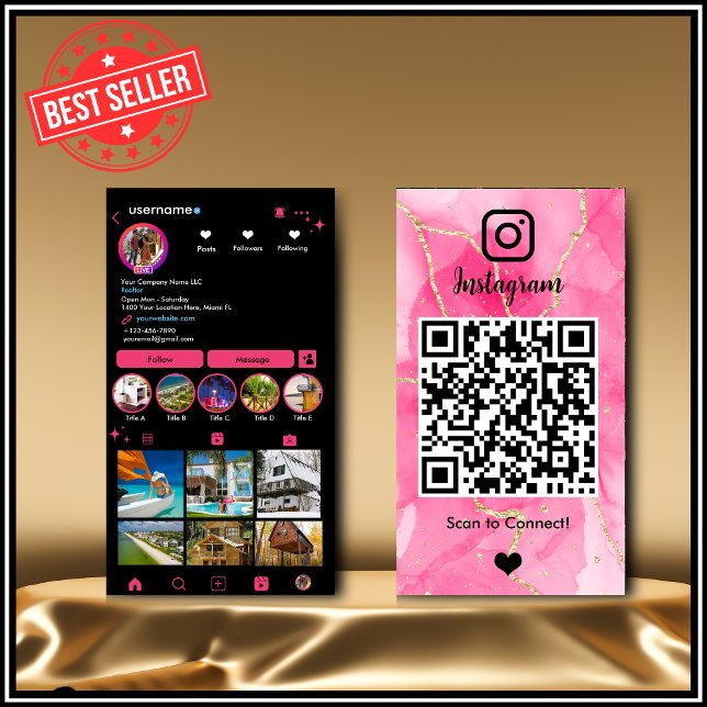 Instagram LUXURY Pink & Black Marble Agate QR Visitenkarte (Von Creator hochgeladen)