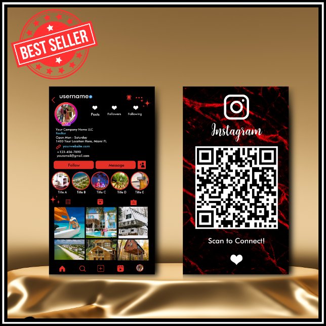 Instagram LUXURY Red & Black Marble Agate QR Visitenkarte (Von Creator hochgeladen)