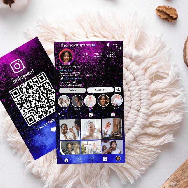Instagram Makeup Artist Pink & Blue QR Code Visitenkarte (Von Creator hochgeladen)