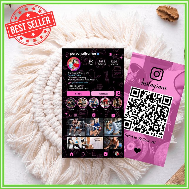 Instagram Pink & Black Personal Fitness Trainer Visitenkarte (Von Creator hochgeladen)