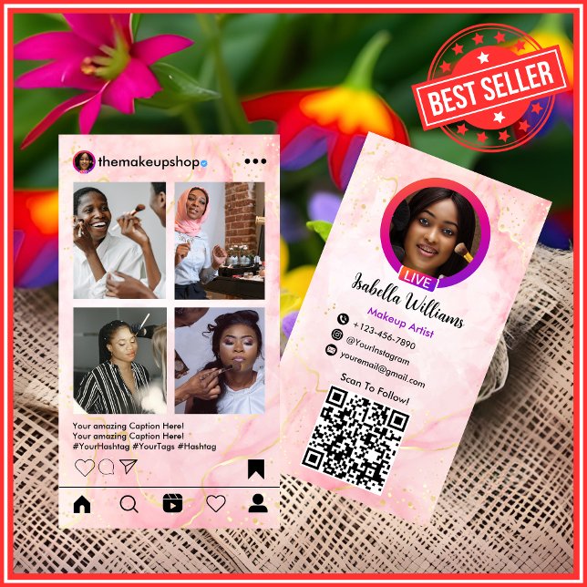 Instagram POST Makeup Artist Pink Marble QR Code Visitenkarte (Von Creator hochgeladen)