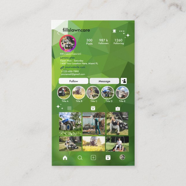 Instagram Rasenpflege Landscaping Mowing QR Code Visitenkarte (Vorderseite)
