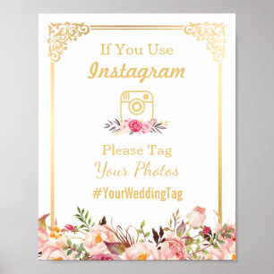 Instagram Wedding Sign   Vintage Goldrahmen-Floral Poster