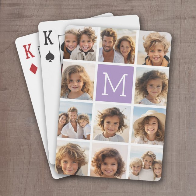 Instagramm-FotoCollage Benutzerdefiniertes Monogra Spielkarten (Personalized Playing Cards with 11 Photos and a bright monogram in the center)