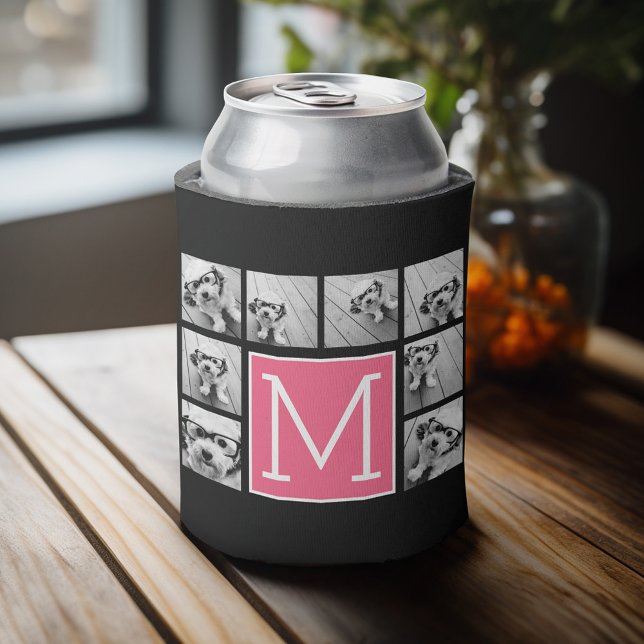 Instagramm für Schwarz-Heiß-Rosa 8-Collage Dosenkühler (Personalized can cooler with an area to add photos and custom text)