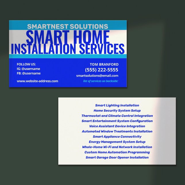 Installation von intelligenten Zuhause Visitenkarte (smart home installation business card and bold blue design)