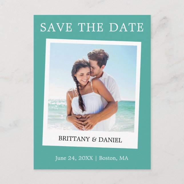 Instant Camera Style Foto Save the Date Aquamarin Postkarte (Vorderseite)