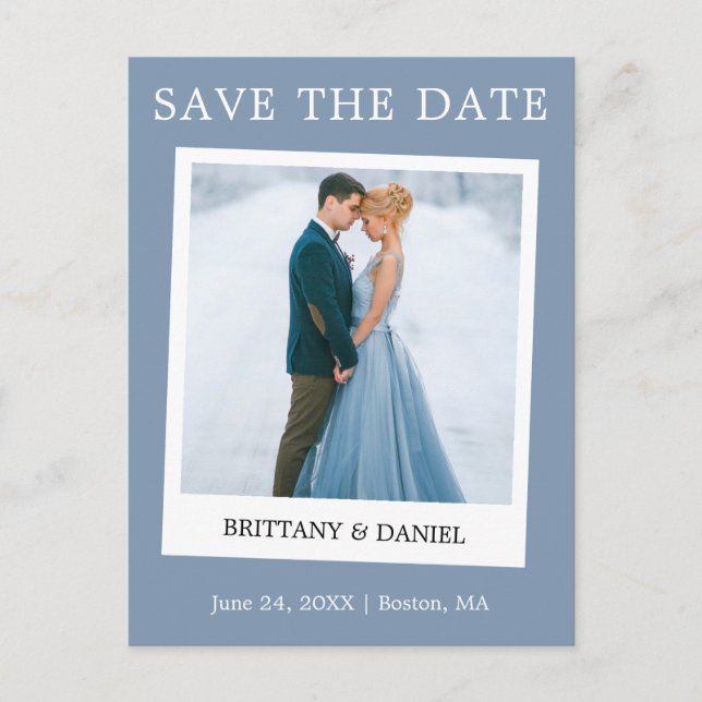 Instant Camera Style Save the Date Dusty Blue Postkarte (Vorderseite)
