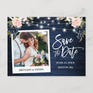 Instant Foto Wood Pink Blue Floral Save the Date Postkarte