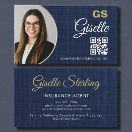 Insurance Agent Navy Blue Gold Photo QR Code Linen Visitenkarte