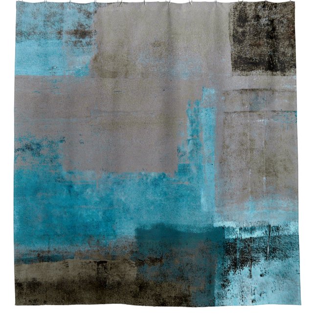 "Inszenierte" aquamarine und Browns abstrakte Duschvorhang (Vorderseite)
