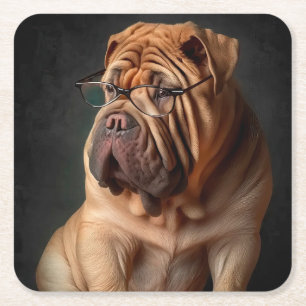 Intelligent Shar Pei Dog mit Buchdesign Rechteckiger Pappuntersetzer