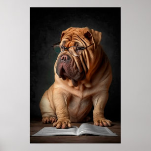 Intelligenter Shar Pei Hund mit Buch Design Poster