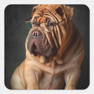 Intelligenter Shar Pei Hund mit Buch Design Quadratischer Aufkleber