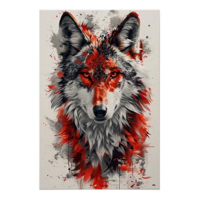 Intense red wolf with striking abstract elements.  poster (Vorderseite)
