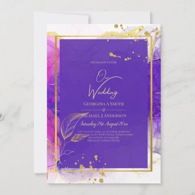 Intensive Lila Rosa Gold Hochzeit Alkohol Tinte Einladung (Vorderseite)