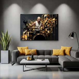 Intensiver Rockdrummer Gold & Schwarz Musikdesign Poster