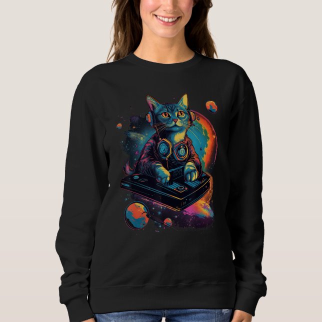 Intergalactic Cosmic DJ Cat Vibrant Retro Futurist Sweatshirt (Vorderseite)