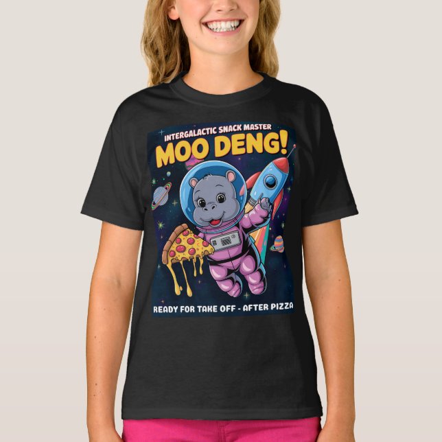 Intergalactic Moo Deng Baby Hippo Pizza Adventure T-Shirt (Vorderseite)