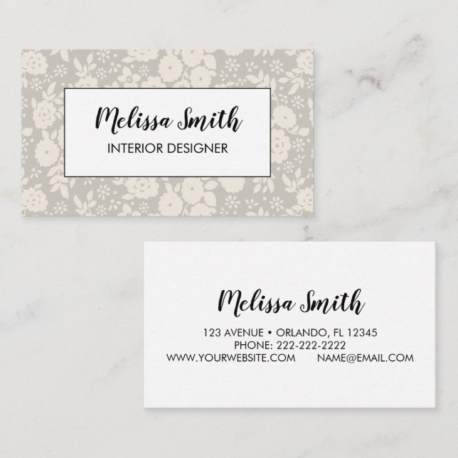 Interior Design Floral Pattern Gray Business Card Visitenkarte (Vorne/Hinten)