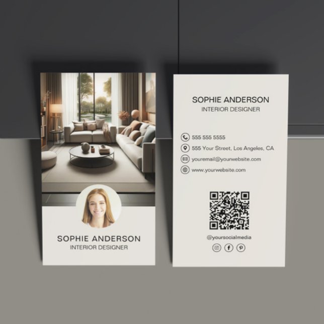 Interior Designer Custom Foto QR Social Media Visitenkarte (Interior Designer Custom Photo QR Social Media Business Card)