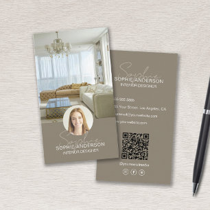Interior Designer Foto QR Script Name Taupe Visitenkarte