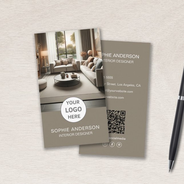 Interior Designer Logo Foto QR Social Media Taupe Visitenkarte (Interior Designer Logo Photo QR Social Media Taupe Business Card)