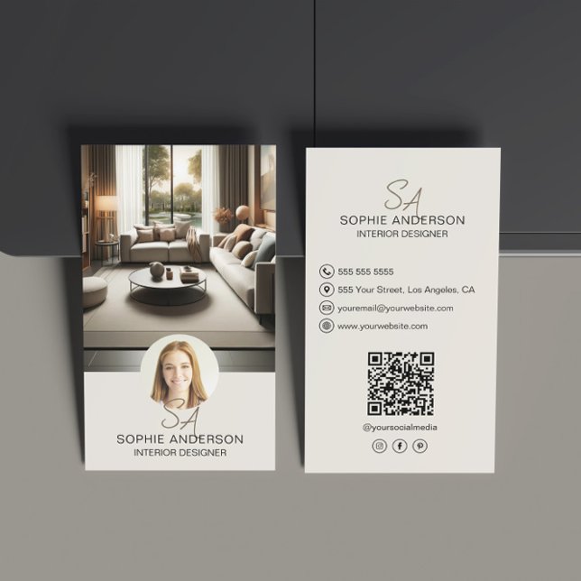 Interior Designer Monogram Foto QR Social Media Visitenkarte (Interior Designer Monogram Photo QR Social Media Business Card)