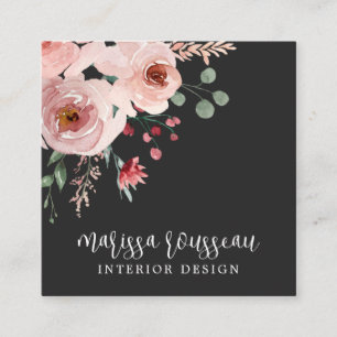 Interior Designer Pink Floral Boho Black Quadratische Visitenkarte